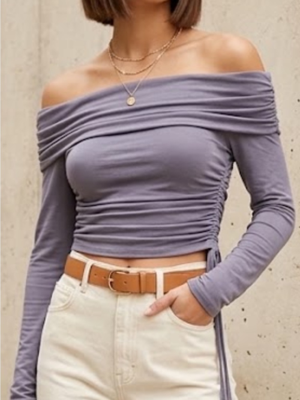 NWOT Edikted Y2K Off-the-Shoulder ruched Long Sleeve Crop Top S